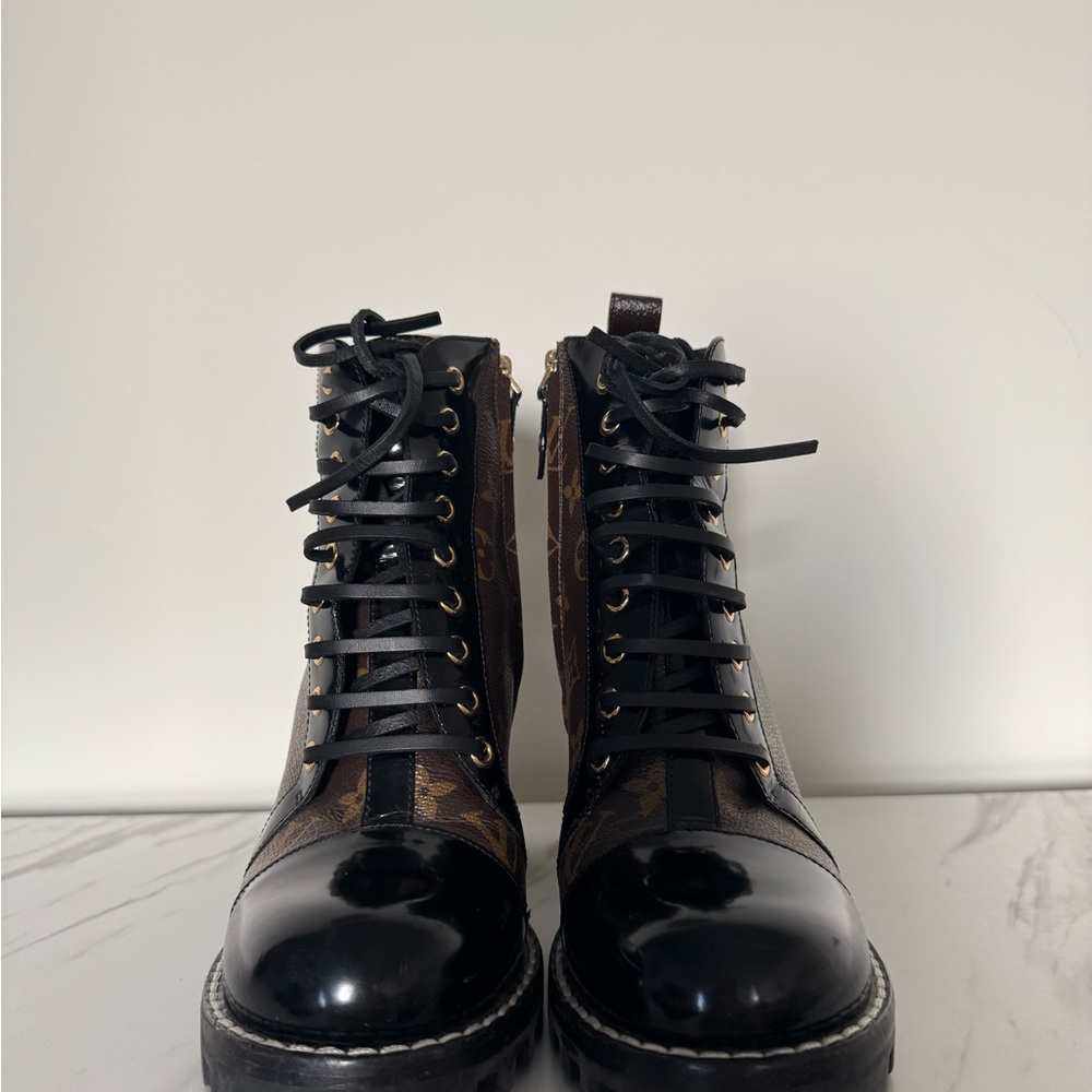 Louis Vuitton Black and Brown Monogram Lace-Up Platform Ankle Boots - Picture 5 of 8